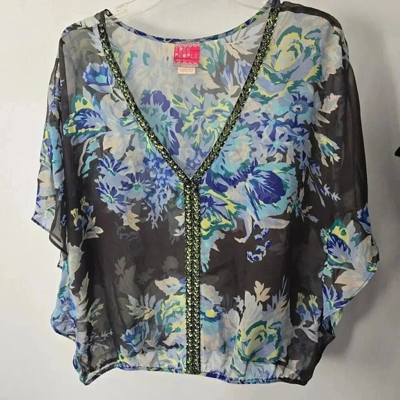 Free People Womens Semi Sheer Floral Sequin Beaded V-Neck Overlay Top Small - Picture 1 of 3